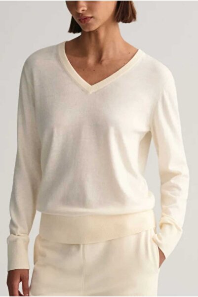 Cocona Kadın V Yaka Ekru Kazak yumuşacık polyamid örme kumaş