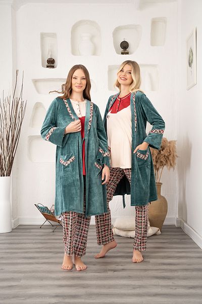 LOHOUSE Women's Beige Velvet Plaid Maternity Maternity Dressing Gown 3-Piece Pajamas Set