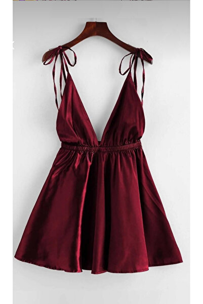 lenastella Bordo Saten Bağlamalı Gecelik
