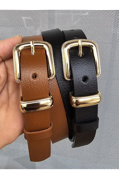 Kemerix 100% Genuine Leather Gold Buckle Women's Black-Tan Set of 2 Belts