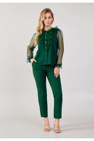 MİSS DİAMOND Jessica Fabric Green Blouse with Tulle Lace Detail on Sleeves