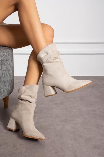 ShoeTek Γυναικείες μπότες Beige Suede Nutty - Χοντρό τακούνι και φερμουάρ στην πλάτη