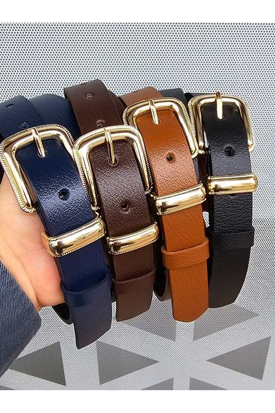 Kemerix 100% Genuine Leather Women's Belt Set with Gold Buckle - Black Tan Bitter Brown Navy Blue 4-Piece
