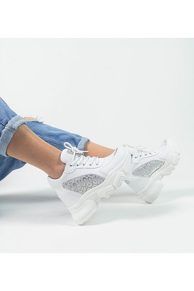 GDT Ayakkabı White Color Silver Patterned Skin Hidden Wedge Heel Women's Sneakers