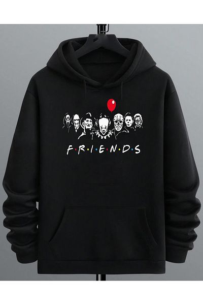 DEEPSENCE Friends Design Printed Unisex Oversize Black Hooded Sweatshirt