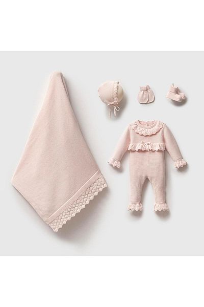 Magu Baby Girl Pink Cotton Knitwear Openwork 5 Piece Blanket Hospital Exit Bodysuit Set