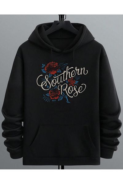DEEPSENCE Hanorac negru supradimensionat unisex cu glugă SOUTHERN ROSE Design imprimat