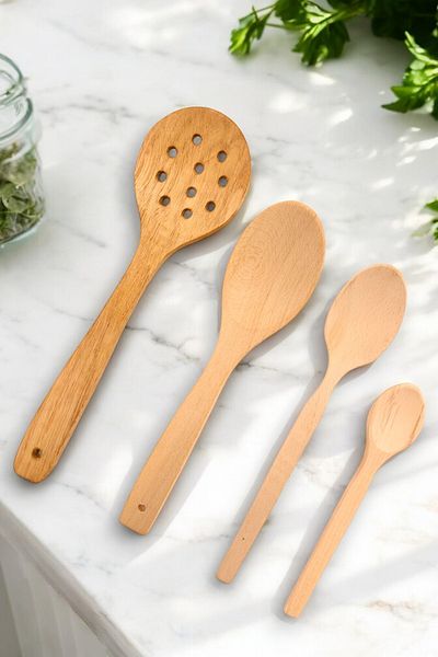 küche haus Set of 4 Natural Unvarnished Wooden Spoons - Handmade