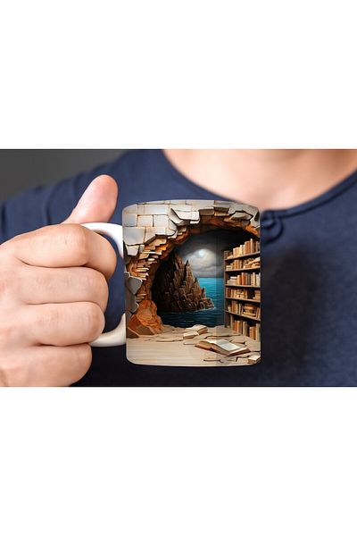 Evion Bookshelf Library Printed 3D Design Ceramic Mug - Gift Mug Cup