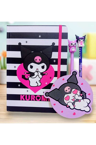 sevgi kırtasiye Kuromi Hard Covered Lined Notebook with Kuromi Head and Gel Ballpoint Pen and Badge Gift
