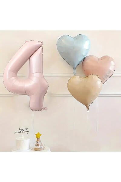 Bkmc 4 Yaş Pembe Rakam Folyo Balon Retro Mavi Pembe Satin Kalp Folyo Balon Doğum Günü Balon Seti