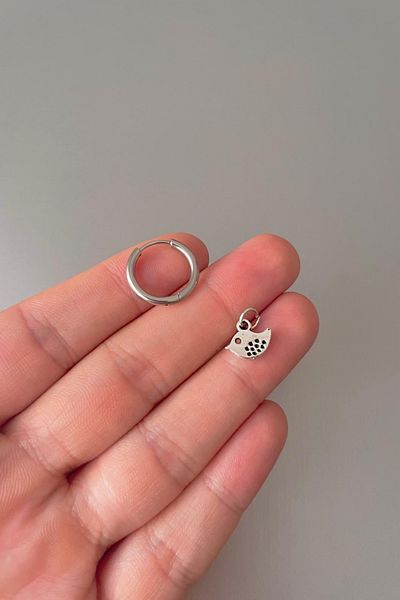 Jaida Moda Unisex Silver Mini Bird Figured Dangle Steel Hoop Earrings