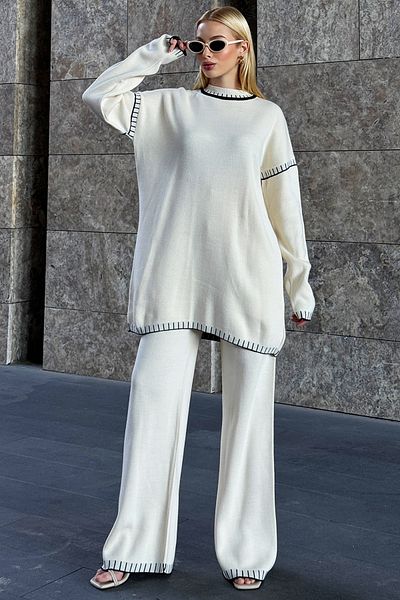 Trend Alaçatı Stili Ecru Knitwear Tunic and Palazzo Trousers Set - Crew Neck, Shepherd Stitch Detailed Alc-X12845