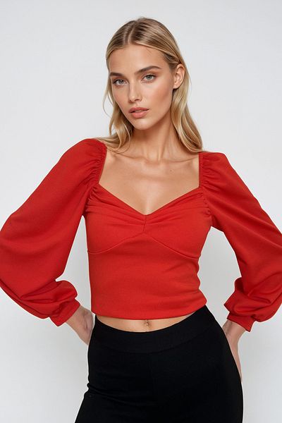 Trend Alaçatı Stili Rote Kiss-Kragen-Prinzessin-Ärmel-Strickbluse für Damen ALC-X12963