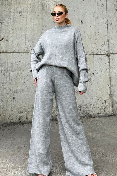 Trend Alaçatı Stili Women's Gray Stand Collar Low Sleeve Loose Blouse and Palazzo Pants Knitwear Set Alc-X12956