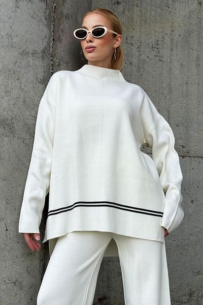 Trend Alaçatı Stili Ecru Women's Knitwear Tunic and Palazzo Trousers Set - Stand Collar and Stripe Detail Alc-X12843