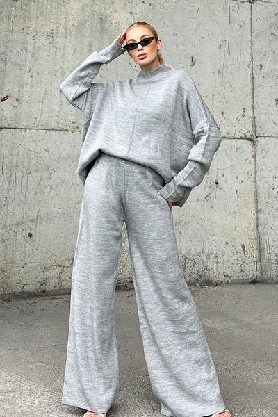 Trend Alaçatı Stili Women's Gray Stand Collar Low Sleeve Loose Blouse and Palazzo Pants Knitwear Set Alc-X12956