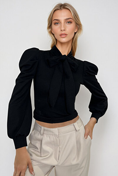 Trend Alaçatı Stili Schwarze Damenbluse mit Neckholder und Prinzessinnenärmeln ALC-X12944