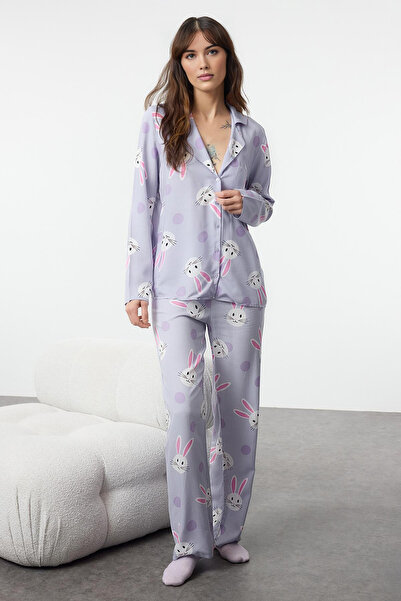 Trendyol Collection Σετ πιτζάμες Mini Me/ Mother Daughter Lilac Rabbit με σχέδιο από βισκόζη THMAW21PT0048