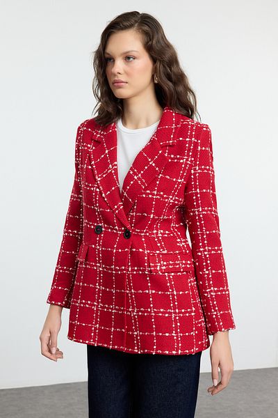 Trendyol Collection Piros túlméretes szőtt kockás blézerkabát TWOAW21CE0105
