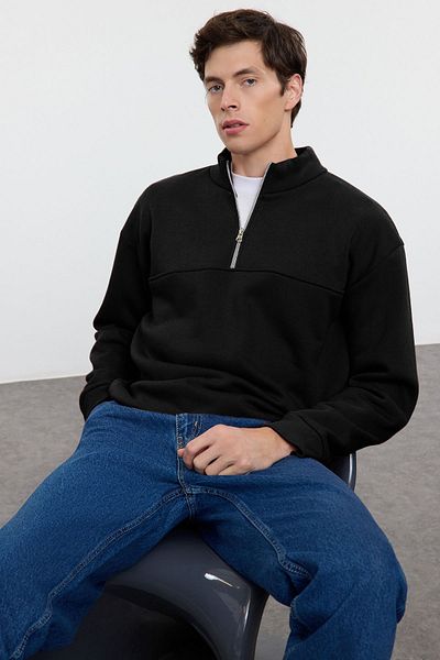 Trendyol Collection Μαύρο φλις/Ζεστό φούτερ με φερμουάρ Oversize - Stand Collar TMNAW25SW00031