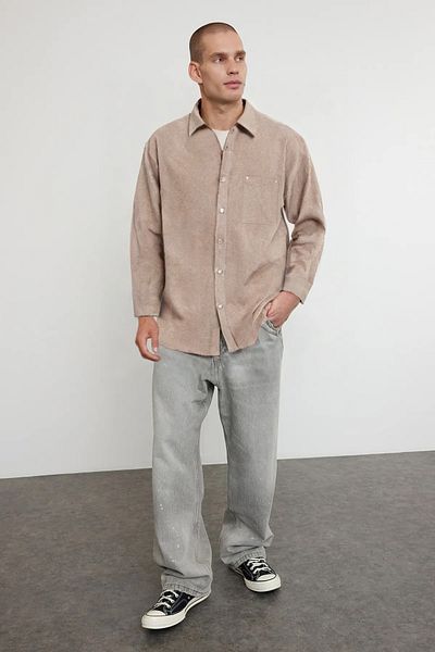 Trendyol Collection Μπεζ Oversize Fit Stamp Χειμερινό πουκάμισο με υφή TMNAW25GO00005