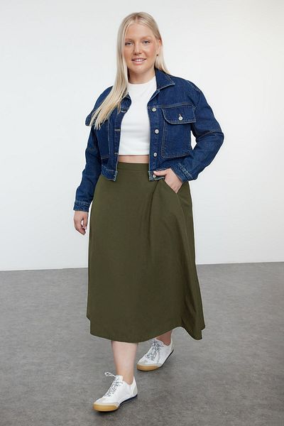 Trendyol Curve Green Maxi Zippered Woven Large Size Skirt with Elastic Back Tbbaw25Az00009