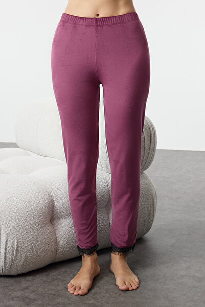 Trendyol Collection 3-Piece Plum Pajamas Set with Belt and Lace, Rope Strap Velvet Thmaw25Pt00216