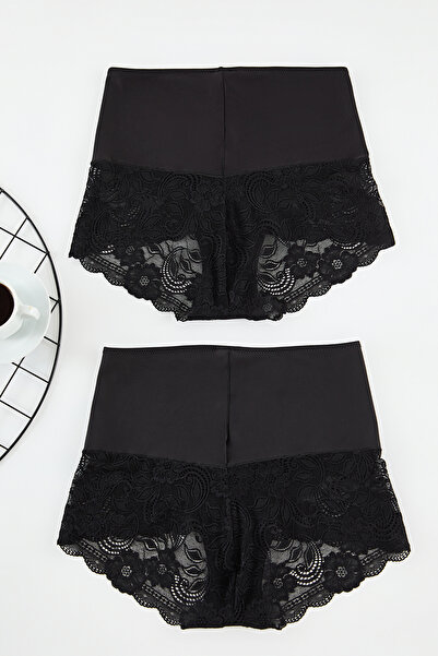 Trendyol Curve Negru, pachet de 2 chiloți cu talie înaltă, din dantelă, tricotat moale, elastic, clasic, mărime mare TBBAW25CM00006