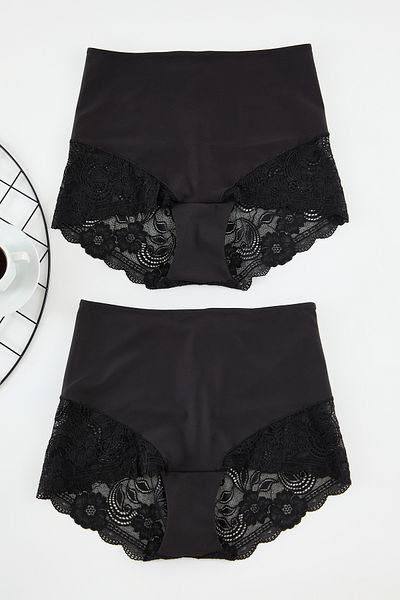 Trendyol Curve Schwarzes Plus-Size-Höschen mit Spitze und hoher Taille – TBBAW25CM00006, 2er-Pack, weicher Komfort