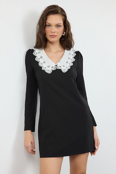 Trendyol Collection A-Linien-Minikleid – Schwarz, Kragendetail, gewebt TWOAW25EL00483