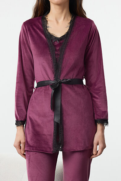 Trendyol Collection 3-Piece Plum Pajamas Set with Belt and Lace, Rope Strap Velvet Thmaw25Pt00216