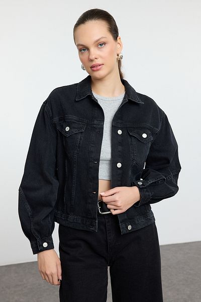 Trendyol Collection Černé prošívání Detailní oversize džínová bunda Twoaw25Ce00015