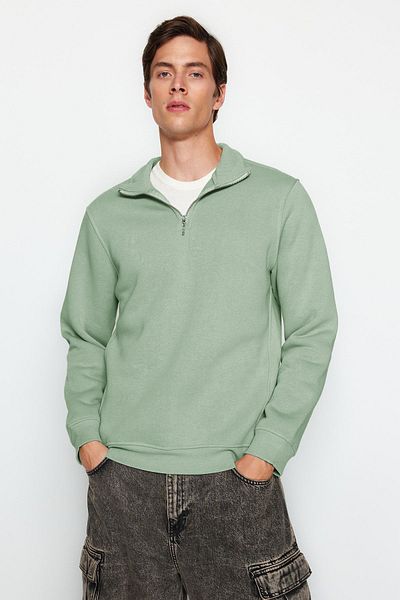 Trendyol Collection Mintfarbenes Fleece-Baumwoll-Sweatshirt mit Reißverschluss – Stehkragen, normaler Schnitt TMNAW24SW00041