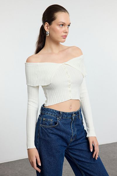 Trendyol Collection Ecru Mercerized Look Crop Premium Yarn/Special Yarn Knitwear Cardigan Twoaw25Hi00095