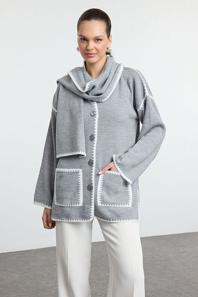 Trendyol Collection Wide Fit - Soft Texture Grey Knitwear Cardigan with Beard Detail - Twoaw25Hi00006