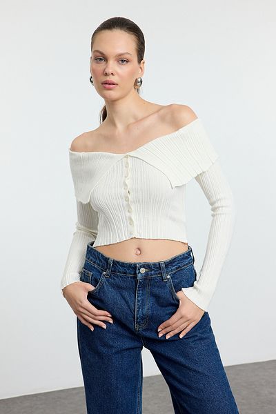 Trendyol Collection Ecru Mercerized Look Crop Premium Yarn/Special Yarn Knitwear Cardigan Twoaw25Hi00095