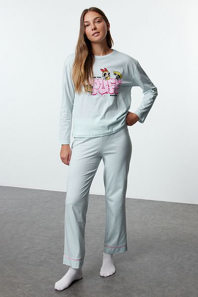 Trendyol Collection Powerpuff Girls kék kötött pizsama szett - 100% pamut THMAW25PT00157