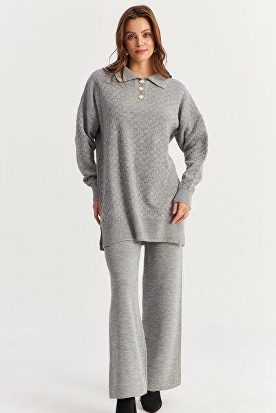 Cool & Sexy Gray Pearl Detailed Knitwear Women's Suit - Nuv33