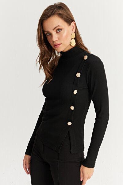 Cool & Sexy Γυναικεία μπλούζα με μαύρα κουμπιά με λεπτομέρεια καμιζόλα EY2927