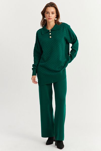 Cool & Sexy Emerald Green Pearl Buttoned Women's Knitwear Suit - Nuv33