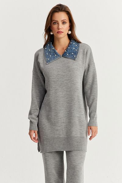 Cool & Sexy Gray Denim Collared Pearl Women's Knitwear Suit - Nuv22