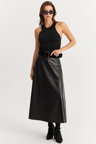 Cool & Sexy Schwarzer Damen-Glockenrock aus Kunstleder – ELA113