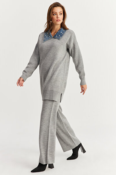 Cool & Sexy Gray Denim Collared Pearl Women's Knitwear Suit - Nuv22