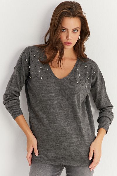 Cool & Sexy Women's Gray V-Neck Jewelled Thin Knitwear Blouse Yi̇l002