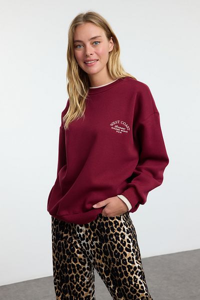 Trendyol Collection Farbblockiertes, besticktes, weinrotes Oversize-Sweatshirt – dickes Fleece innen TWOAW25SW00245