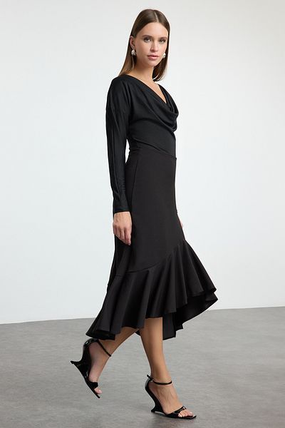 Trendyol Collection Fusta tricotată midi neagră elastică asimetrică - TWOAW25ET00131