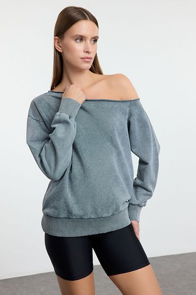 Trendyol Collection Asymetrický límec - Antracitová barva Oversize Silná mikina Twoaw25Sw00141