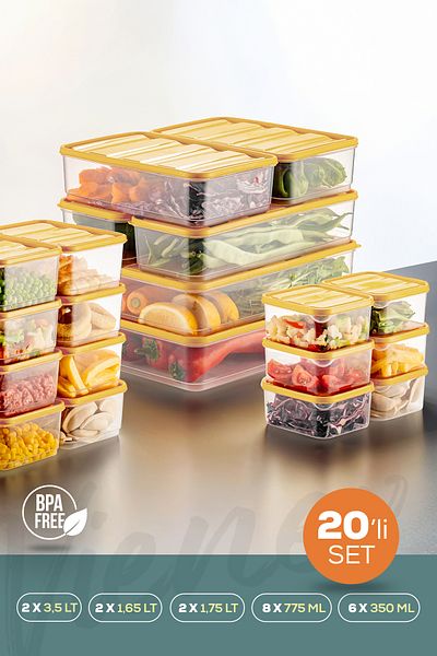 Vienev 20-Piece Yellow Microwave Convenient Refrigerator Organizer - Freezer Storage Container