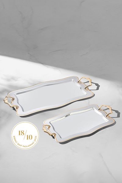 Nehir Gold Satin Steel Tray - Chain Set of 2
